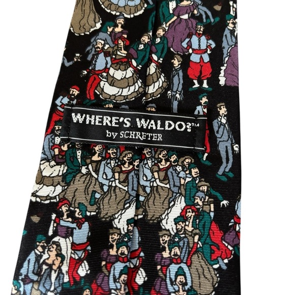 Vintage 1992 Schreter Where’s Waldo Black Patterned Silk Neck Tie EUC - Picture 2 of 7